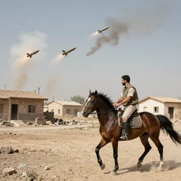 Yair Lapid leading an attack on a horse next to missiles being dropped on houses