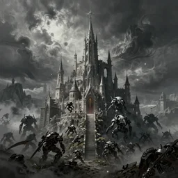 beautiful secret city of the elves gondolin on top of a mountain, magical gloomy mystical, under attack. by konstantin razumov, fractal flame, chiaroscuro, highly detailded, mech robot
