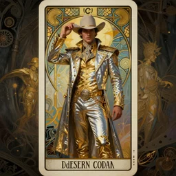 a dramatic ethereal epic symmetrical painting of a handsome cowboy in a shimmering! silvery! ((golden)) outfit | tarot card, art deco, art nouveau,  (steampunk), homoerotic, realistic | by Dresden Codak, by Mark Maggiori and ((((Alphonse Mucha))) | trending on artstation