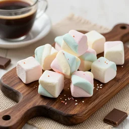 photograph of a marshmallow cubes with sprinkles and on a dark wooden chopping board, pastel colours, hessian cloth, styled food photography, photorealistic, 4 k, coffee, chocolate, hdr, 8 k