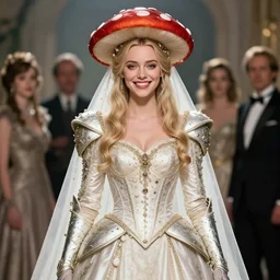 doctor octavius as an attractive young smiling woman played by milla jovovich wearing a mushroom crown and heavy armoured wedding dress, face portrait, hd shot, digital portrait, elegant, beautiful, fantasy art, artstation, comic style, by artgerm, guy denning, jakub rozalski, magali villeneuve and charlie bowater
