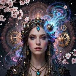 a headshot of a gypsy princess offset in the frame, surrounded by fractals, mandalas, cherry blossoms, hadron collider technology, metal gears, swirling bioluminescent energy, art by peter mohrbacher and dan mumford