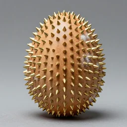 realistic photo of an egg made of wood and covered with brass spikes, with patches of white hairs, center straight composition, front view 2 0 0 0, life magazine photo, museum archival photo