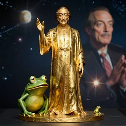 the full body shot of salvador dali as emperor of universe | gold statue of pepe the frog | still frame from the prometheus movie by ridley scott with cinematogrophy of christopher doyle and art direction by hans giger, anamorphic bokeh and lens flares, 8 k, higly detailed masterpiece