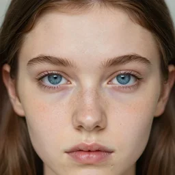 australian girl with brown hair, blue eyes, pale skin, freckles high quality macro