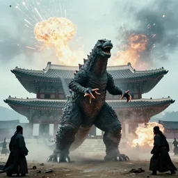 a filmstill of a north korean monster movie, kaiju - eiga monster with starfish - arms trampling a traditional korean palace, foggy, film noir, epic battle, etheral, explosions, communist propaganda, communist epic thriller produced by kim jong - il, cinematography by akira kurosawa and tim burton, video compression