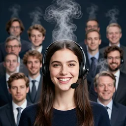 portrait of a happy telemarketer wearing a headset, hot plumes of steam rising from her head, Alena Aenami, Petros Afshar, Noah Bradley, Anton Fadeev, Anato Finnstark, Steve Henderson, Filip Hodas, Mark Keathley, Thomas Kinkade, Phil Koch, Gilbert Williams, Mike Winkelmann, Beeple