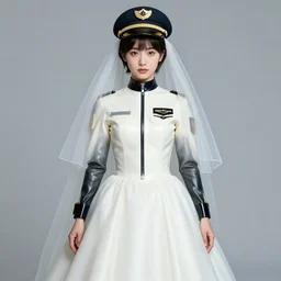 a digital portrait of a japanese girl detailed features wearing a pilot latex suit wedding dress - synthetic materials, by balenciaga and issey miyake by ichiro tanida and mitsuo katsui