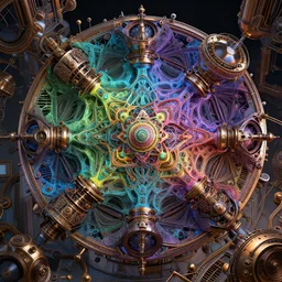 steampunk engine laboratory 3 d volume kaleidoscope fractal voronoi metal chakra digital multicolor stylized concept substance natural color scheme, global illumination ray tracing hdr fanart arstation by sung choi and eric pfeiffer and gabriel garza and casper konefal