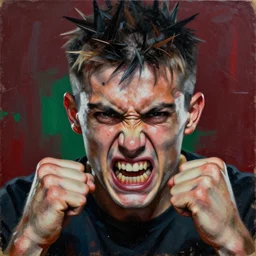 young fight club fighter in rage detailed analogue mixed media collage with canvas texture in style of contemporary art, punk art, hyperrealistic beautiful face, photorealism, expressionism, masterpiece, perfect composition, spectacular quality, intricate oil details, dark red green background