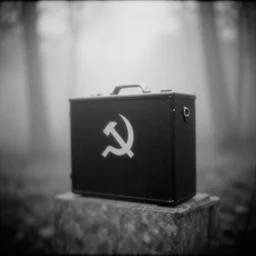 soviet black box in the misty wood, pale light, pinhole camera effect, lomography effect, analogue photo quality, monochrome, blur, unfocus
