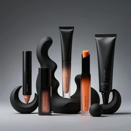 a range of sophisticated high - fashion futuristic cosmetic packaging, black and orange colour palette, product shot, surreal shapes, f - 1 1 1 7 style, studio lighting