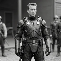 old black and white photo, 1 9 1 3, depicting bruce willis in combat armor with guns, historical record, volumetric lights