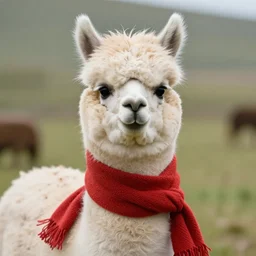 photoreal art of a fluffy alpaca wearing a scarf, trending on ArtStation