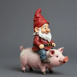 studio photograph of a gnome riding a pig depicted as muppets