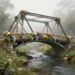 matte painting of an old mason bridge decorated with flowers alongside above a small river stream, realistic, 4 k, artstation, dreamy, fog, volumetric lighting