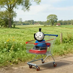 shopping trolley in a thomas kinkade landscape