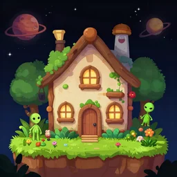in front of a strange looking house, in a small town on an alien planet, alien plants and flowers in a garden in front of the house, from a space themed point and click 2D graphic adventure game, made in 2019, high quality graphics