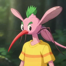 light pink mosquito with a long pointy red nose, a green mohawk and green eyebrows wearing a yellow and orange striped t - shirt, digital art, art by makoto shinkai, trending on artstation