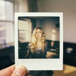old polaroid of an blonde girl in a cozy room, there is a few sun rays glowing in the room, there is a window in the background, hd, 8 k, deep focus
