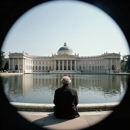 1 9 7 0 s movie still by andrei tarkovsky of a neoclassical sphere palace with a lake in the middle, by piranesi, panoramic, ultra wide lens, cinematic light, lens flare, anamorphic
