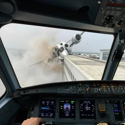 1 st person view of airliner pilot out of cockpit window, crashing into a building, colorized
