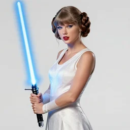 Taylor Swift as Princess Leia holding a blue lightsaber, by Greg Hildebrandt