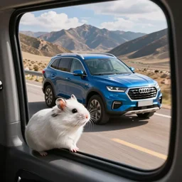 white hamster seen from the window of a qashqai, hamster hamster!!!! driving!!!! driving!!!! a blue!!! metallik ( ( ( qashqai ) ) )