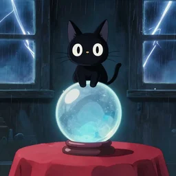 black cat with one good eye sits atop a crystal ball on a table with red table cloth in dark room with lightning in windows, rain, digital illustration, studio ghibli