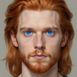 2 4 - year - old man, masculine face, hyper masculine features, tall, extremely pale skin, square jaw, ginger hair, beard, square face, big round sapphire blue eyes, hyper realistic face, beautiful eyes, highly detailed, digital painting, smooth, sharp, strong face, expressive eyes, medium long wavy ginger hair, art by greg rutkowski and alex gray