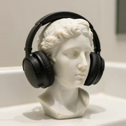 a marble sculpture, using headphones in the bathroom