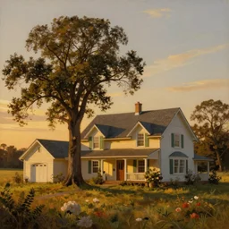highly detailed painting of beautiful farm house near a tall tree, dramatic golden hour light, award winning masterpiece art, hyper realistic, concept art, 8 k detail post - processing
