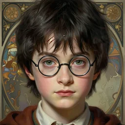 1 7 - year - old boy thin face, black hair, green eyes, round glasses garry potter, scar on forehead as a bolt of lightning close up, d & d, fantasy, intricate, elegant, highly detailed, digital painting, artstation, concept art, matte, sharp focus, art by artgerm and greg rutkowski and alphonse mucha