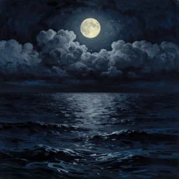 NIGHT SEA, moon, DARK  SCHEME, by studio ghibli painting,by Joaquin Sorolla rhads Leyendecker, by Ohara Koson and Thomas, cloud.