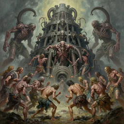 oil paint of 1 1 flayed gods fighting, in tiers, colossal medical gangrene machines in tiers, dethroning melee, pit, by shigeru komatsuzaki, wayne d barlowe, stefano tamburini, ember light, muted colors, epic, hyper detailed, awe inspiring, award winning horror, narrative lighting, hyper realism, cinematic