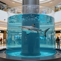 a pillar in a mall, filled with water, shark swimming inside, photography, award winning, 4 k