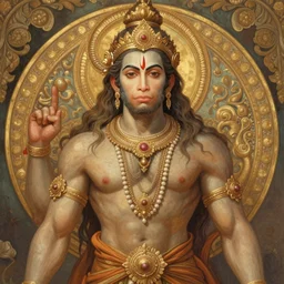 a full body portrait of beautiful ornated hanuman!!!! god with flowing medium hair, soft facial features, kind appearence, digital art by alphonse mucha, inspired by krishen khanna and madhvi parekh, symmetrical body, artgerm, portrait, muted color scheme, highly detailed, outrun art style