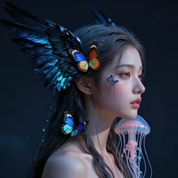 hyperrealism, night background, studio light, profile portrait of a goddess real face jellyfish phoenix butterfly crow wings, artwork by famous digital artists. octane render, trending on artstation, cinematic, hyper realism, high detail, octane render, 8 k