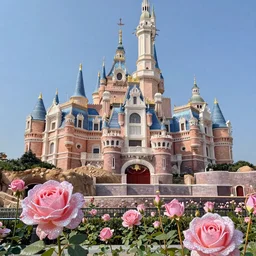 Beautiful castle, in front of the castle is rose, high saturation, glass texture-like brilliance, fine glitter, cinematic light effects, by Wlop