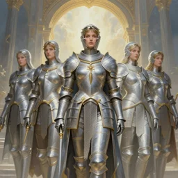 highly detailed painting | very intricate | cinematic lighting | award - winning | holy paladin female champions | standing in front the heavens gate | by charlie bowater, by greg rutkowski, by j. c. leyendecker and edmund blair leighton, beautiful face, by alphonse mucha, artstation, cgsociety, official art, octane