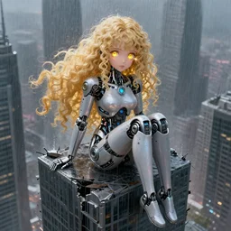 beautiful cyborg!!! girl!!! sitting on a crumbling skyscraper, rainfall!!, water refractions on lens, long curly blonde hair, golden watery eyes!, full round face!, biomechanical details!!, digital cyberpunk anime!! art, full body!!! shot, reflections, lens flare, wlop, ilya kuvshinov, artgerm, krenz cushart, greg rutkowski