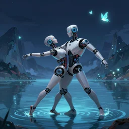 portrait of a robot dance couple in a magical lake, half submerged in water, highly detailed, digital painting, artstation, night scene with moutains with glowing sprites, wlop concept art, smooth, sharp focus, illustration, art by dreadjim, craig mullins and greg rutkowski, 8 k