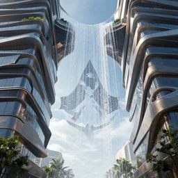 outdoor design, in the style of assassin's creed, by weta digital, marquee, 2 0 2 2, zaha hadid, water falling down between two house buildings