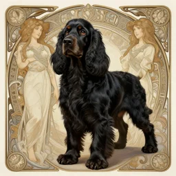 photography of a black cocker spaniel, deep focus, d & d, fantasy, intricate, elegant, highly detailed, digital painting, artstation, concept art, matte, sharp focus, illustration, hearthstone, art by artgerm and greg rutkowski and alphonse mucha