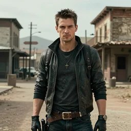 a portrait of a cyberpunk man in a old west city