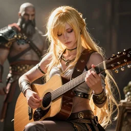 aloy from the horizon zero dawn videogame playing the guitar with kratos from the god of war videogame
