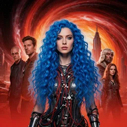 highly detailed portrait of sci - fi long curly blue haired lady, stray wiring by atey ghailan, james gilleard, by joe fenton, by greg rutkowski, by greg tocchini, by kaethe butcher, 4 k resolution, gradient red, orange, black and white color scheme!!! ( ( nebula dystopian city spiral background ) )
