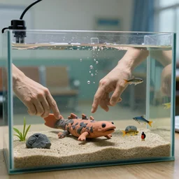 fish tank in hospital waiting room. hands in tank. plasticine model of newt. figures clay. weird. surreal. fish tank with sand. strange. bubbles. tilt shift. tank. fighting fish. aquatic photography. photorealistic.