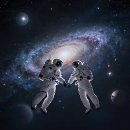couple astronauts in galaxy, milky way in the middle, shooting stars, lights, planets blur on background, artstation, flying in space, romantic, ethereal, digital art, cinematic photograph,