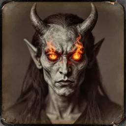portrait of demon with fire eyes, old vintage photography, daguerreotype, damaged photo, film artifacts, scratches, tears, hyperrealistic, ultra detailed, 4 k